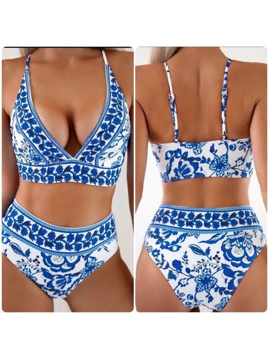 Pretty Woman Boutique Other - Blue Floral V Neck High Waisted Bikini Set